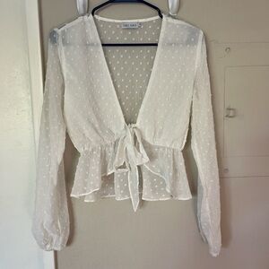 Lulu's Cream Swiss Dot Tie-Front Peplum Blouse